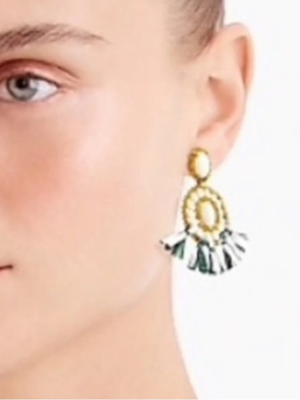 NWT! J. Crew Bead and Raffia Fringe Stone Drop Earrings And Dust Bag